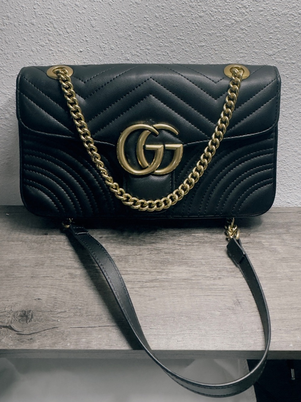 Gucci Black Quilted GG Marmont Shoulder Bag with Gold Hardware medium size
